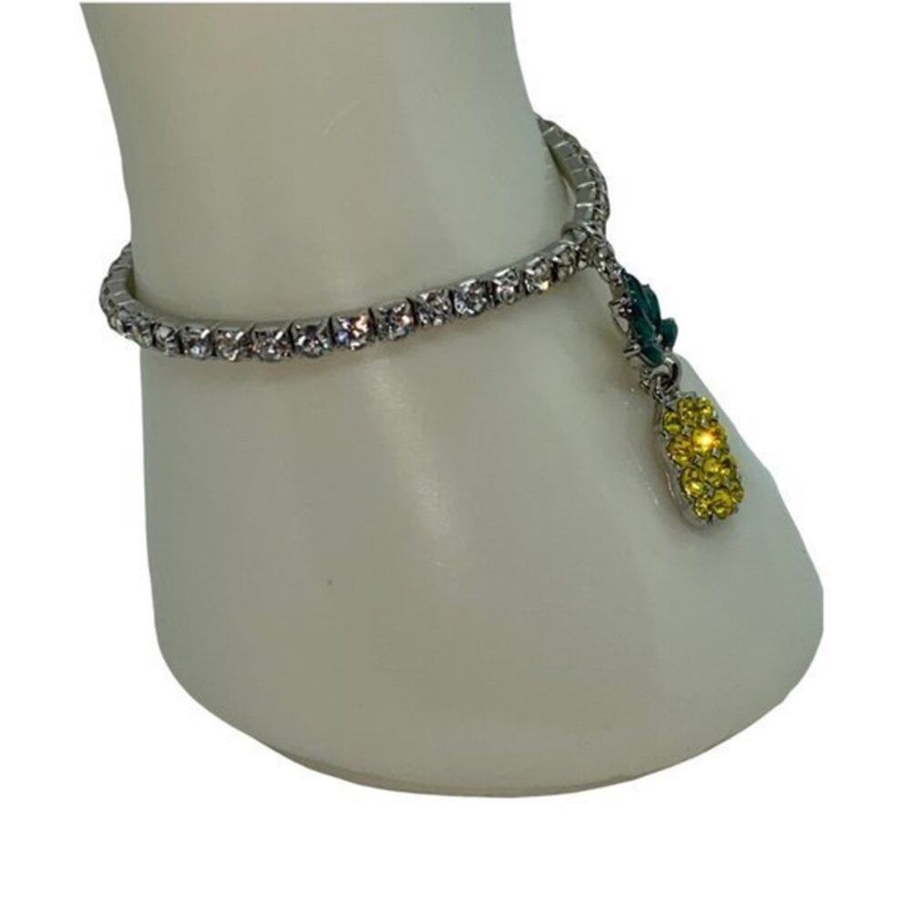 New NWT Silver-Tone Green Yellow Pineapple Rhinestone Beaded Stretch Bracelet - Picture 3 of 7